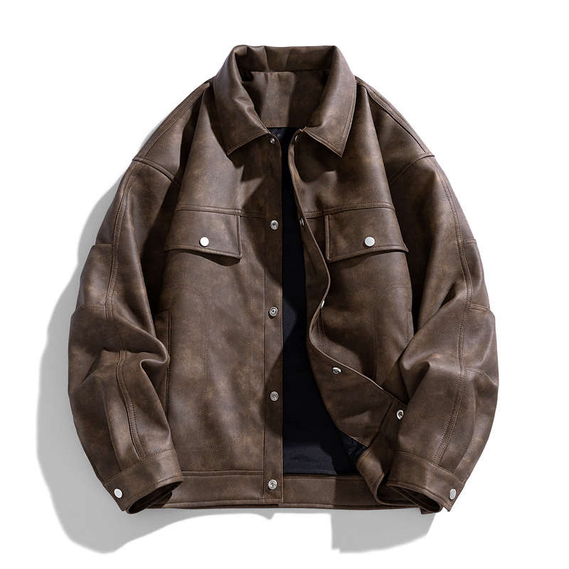 PU кожено яке за мъже – ревер, двуредно закопчаване, свободна кройка, триизмерни патч джобове