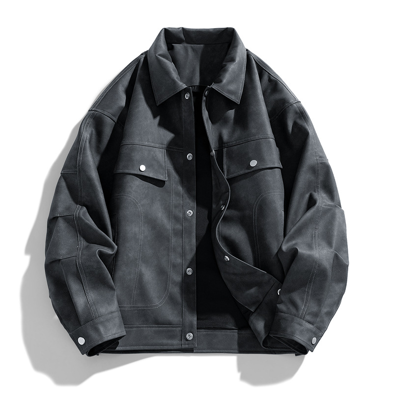 PU кожено яке за мъже – ревер, двуредно закопчаване, свободна кройка, триизмерни патч джобове