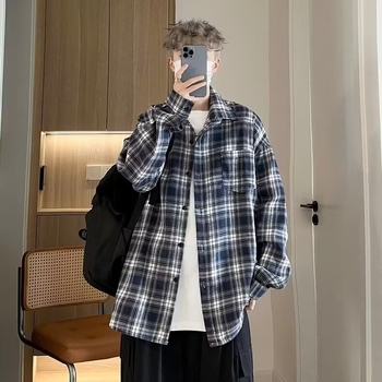 Πουκάμισο με καρό μοτίβο, χαλαρή γραμμή, μακριά μανίκια, πέτο γιακά, πολυεστερική ύφανση