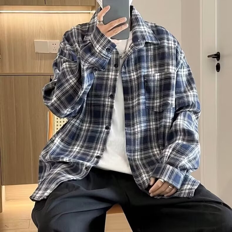 Πουκάμισο με καρό μοτίβο, χαλαρή γραμμή, μακριά μανίκια, πέτο γιακά, πολυεστερική ύφανση