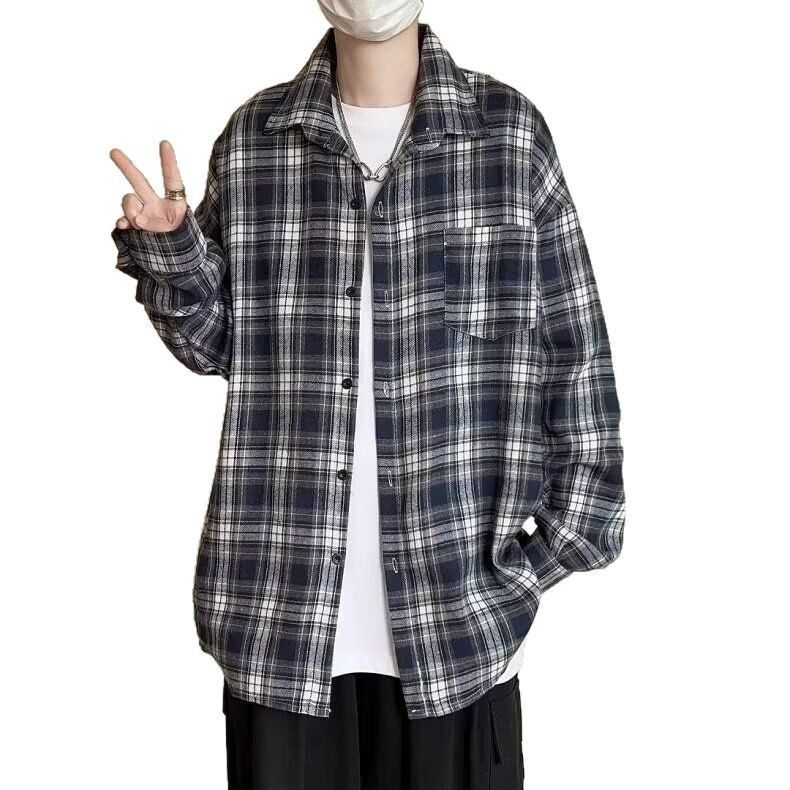 Πουκάμισο με καρό μοτίβο, χαλαρή γραμμή, μακριά μανίκια, πέτο γιακά, πολυεστερική ύφανση