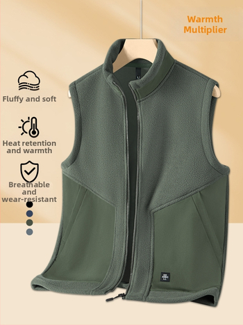 Vyrų fliso liemenė be rankovių su stovinčia apykakle, dvipusis veliūras, storas audinys, užtrauktukas priekyje