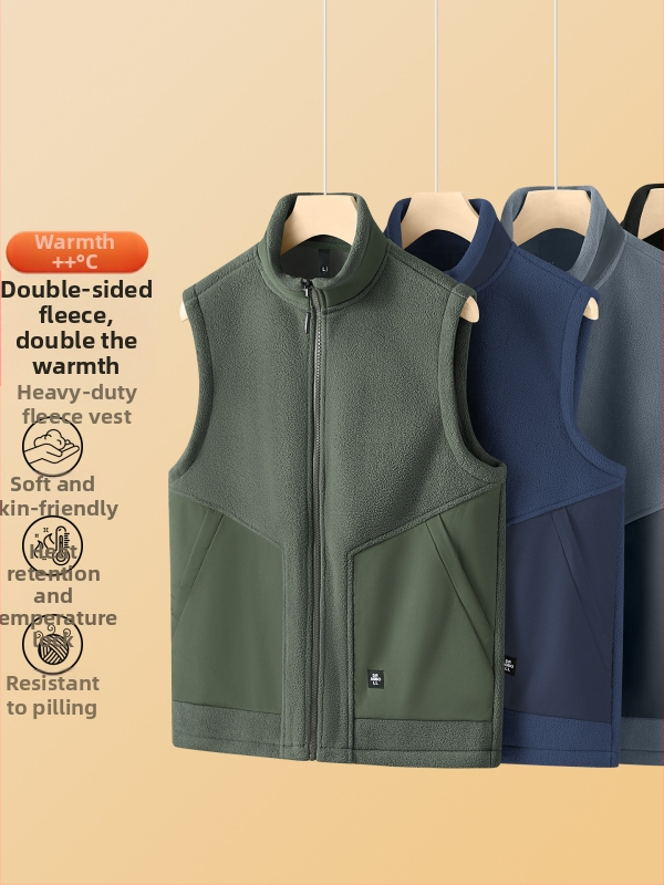 Vyrų fliso liemenė be rankovių su stovinčia apykakle, dvipusis veliūras, storas audinys, užtrauktukas priekyje