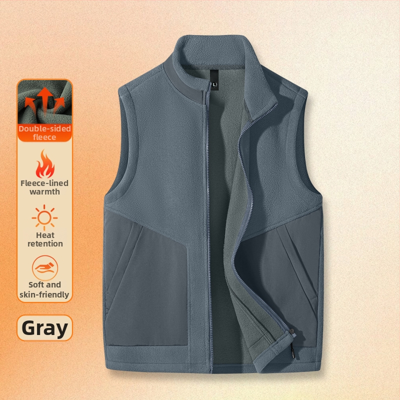 Vyrų fliso liemenė be rankovių su stovinčia apykakle, dvipusis veliūras, storas audinys, užtrauktukas priekyje