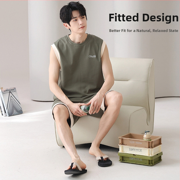 Puuvillane meeste pidžaamade komplekt - varrukateta top ja lühikesed püksid, ümmarguse kaelusega, õhuke kangas 141-160 g/m2, suvi
