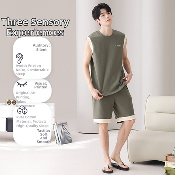 Puuvillane meeste pidžaamade komplekt - varrukateta top ja lühikesed püksid, ümmarguse kaelusega, õhuke kangas 141-160 g/m2, suvi