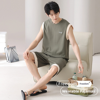 Puuvillane meeste pidžaamade komplekt - varrukateta top ja lühikesed püksid, ümmarguse kaelusega, õhuke kangas 141-160 g/m2, suvi