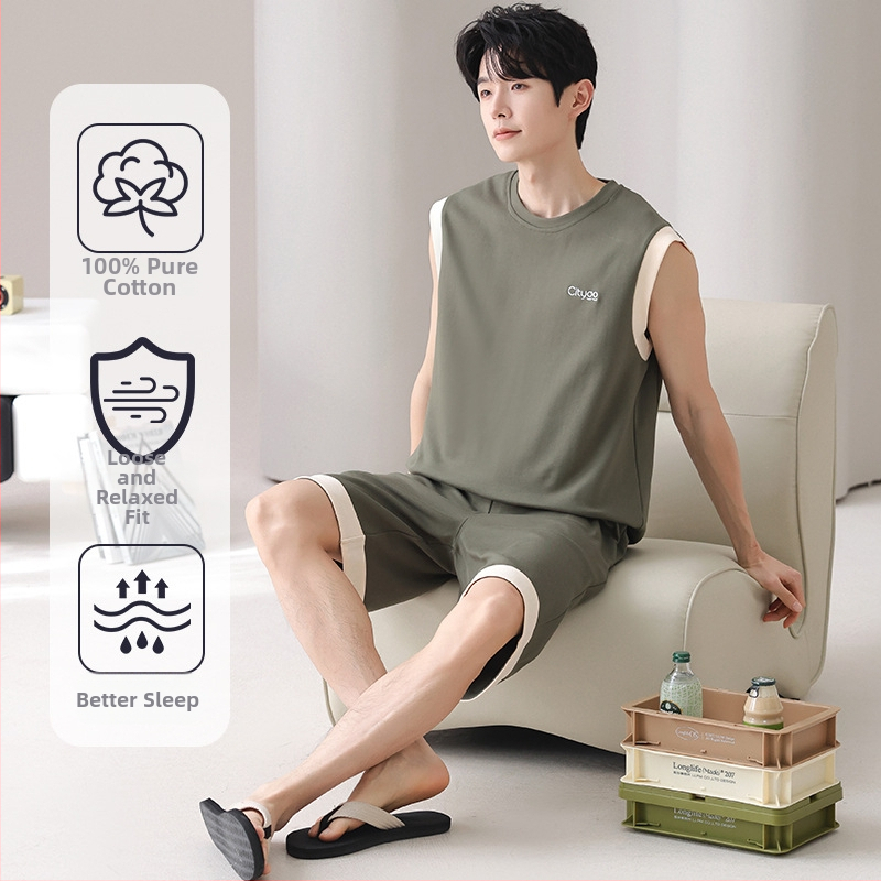 Puuvillane meeste pidžaamade komplekt - varrukateta top ja lühikesed püksid, ümmarguse kaelusega, õhuke kangas 141-160 g/m2, suvi