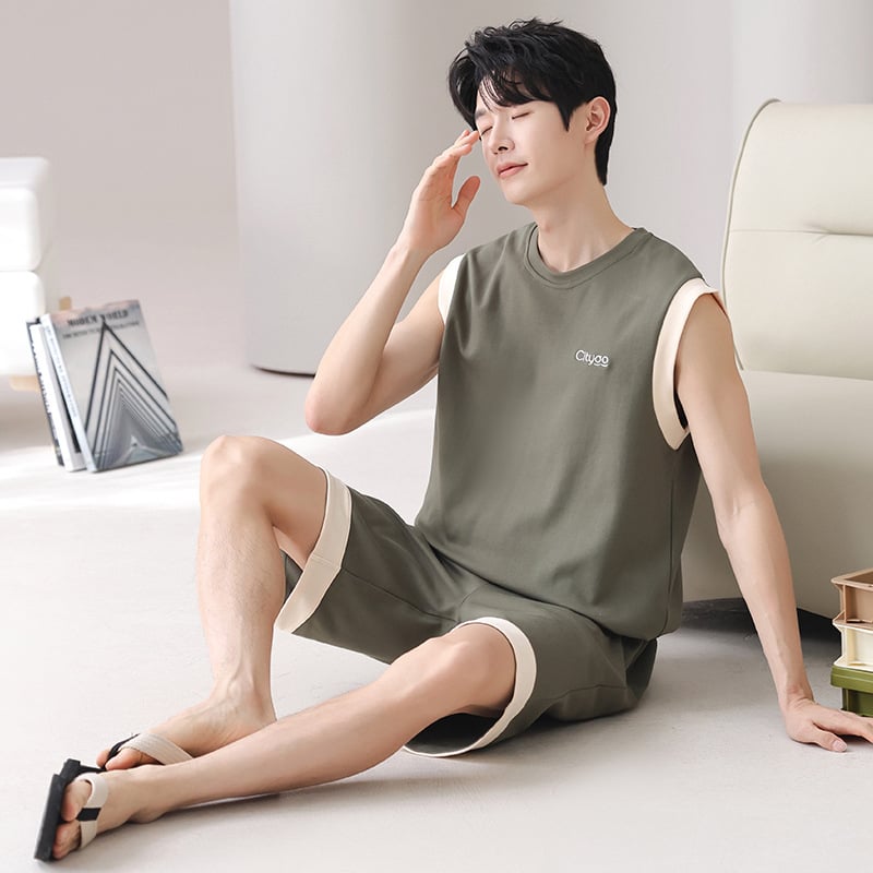 Puuvillane meeste pidžaamade komplekt - varrukateta top ja lühikesed püksid, ümmarguse kaelusega, õhuke kangas 141-160 g/m2, suvi