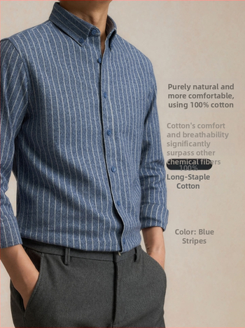 Meeste puuvillane särk vertikaalsete triipudega, pikkade varrukatega, ruuduline krae, tihe lõige, talvine igapäevane äriline särk