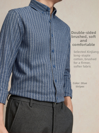 Meeste puuvillane särk vertikaalsete triipudega, pikkade varrukatega, ruuduline krae, tihe lõige, talvine igapäevane äriline särk