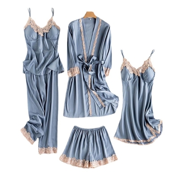 Öt részes pizsama szett mesterséges selyemből csipkés hálóinggel és melltámasz betéttel, V-nyak, rövidujjú