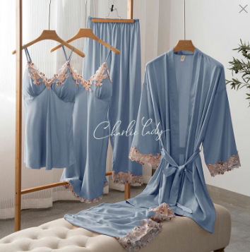 Öt részes pizsama szett mesterséges selyemből csipkés hálóinggel és melltámasz betéttel, V-nyak, rövidujjú