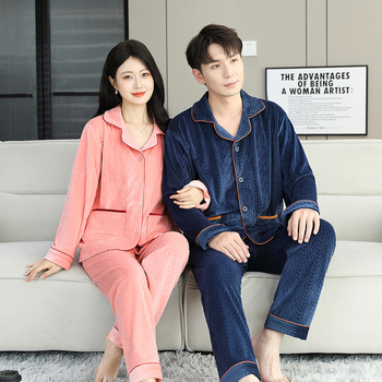 Island Velvet pizsama készlet, vastagított téli-őszi szezonhoz, hosszú ujjú, rever gallérral, pároknak, kényelmes otthoni és szabadtéri viselet