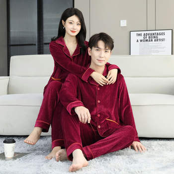 Island Velvet pizsama készlet, vastagított téli-őszi szezonhoz, hosszú ujjú, rever gallérral, pároknak, kényelmes otthoni és szabadtéri viselet