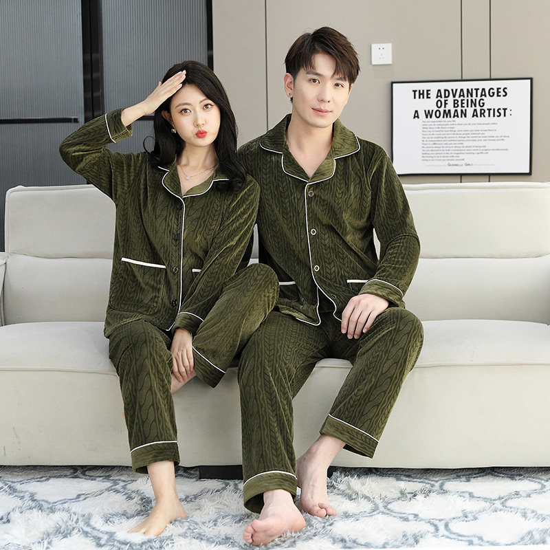 Island Velvet pizsama készlet, vastagított téli-őszi szezonhoz, hosszú ujjú, rever gallérral, pároknak, kényelmes otthoni és szabadtéri viselet