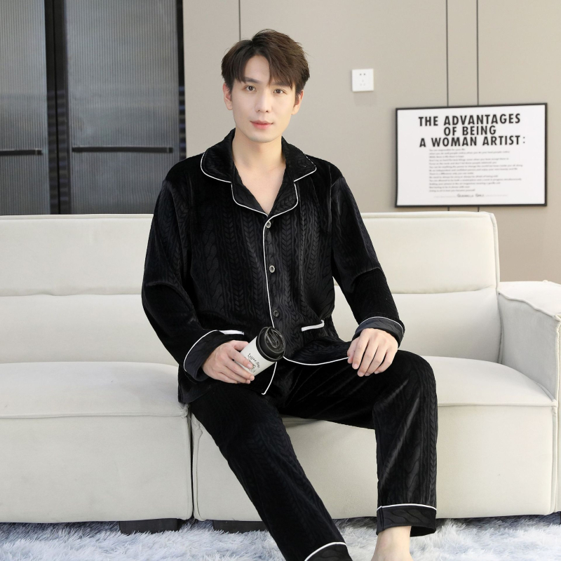 Island Velvet pizsama készlet, vastagított téli-őszi szezonhoz, hosszú ujjú, rever gallérral, pároknak, kényelmes otthoni és szabadtéri viselet