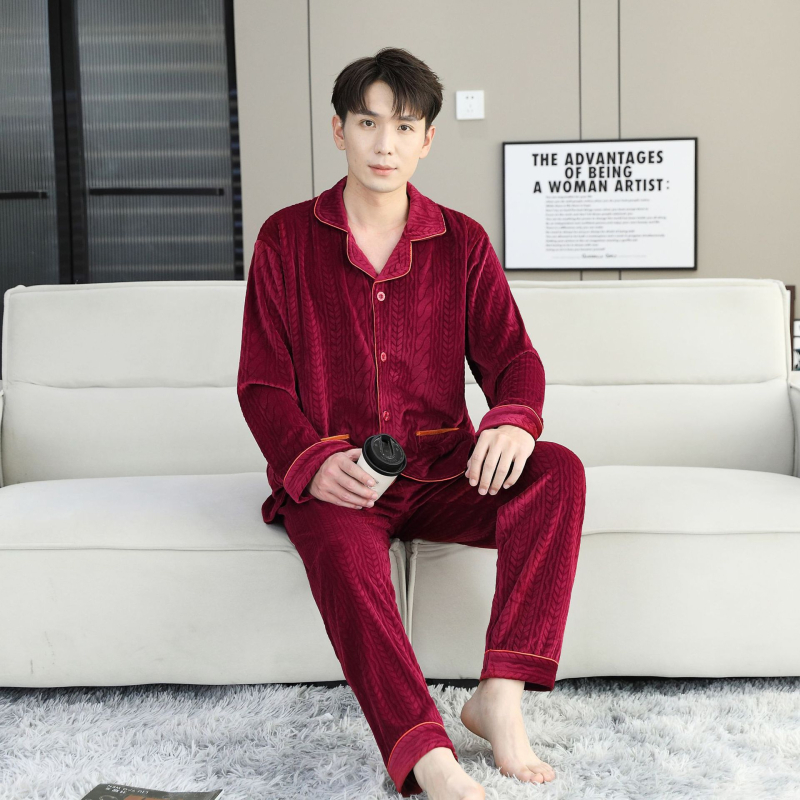 Island Velvet pizsama készlet, vastagított téli-őszi szezonhoz, hosszú ujjú, rever gallérral, pároknak, kényelmes otthoni és szabadtéri viselet