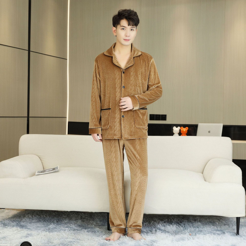 Island Velvet pizsama készlet, vastagított téli-őszi szezonhoz, hosszú ujjú, rever gallérral, pároknak, kényelmes otthoni és szabadtéri viselet