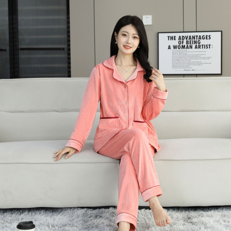 Island Velvet pizsama készlet, vastagított téli-őszi szezonhoz, hosszú ujjú, rever gallérral, pároknak, kényelmes otthoni és szabadtéri viselet