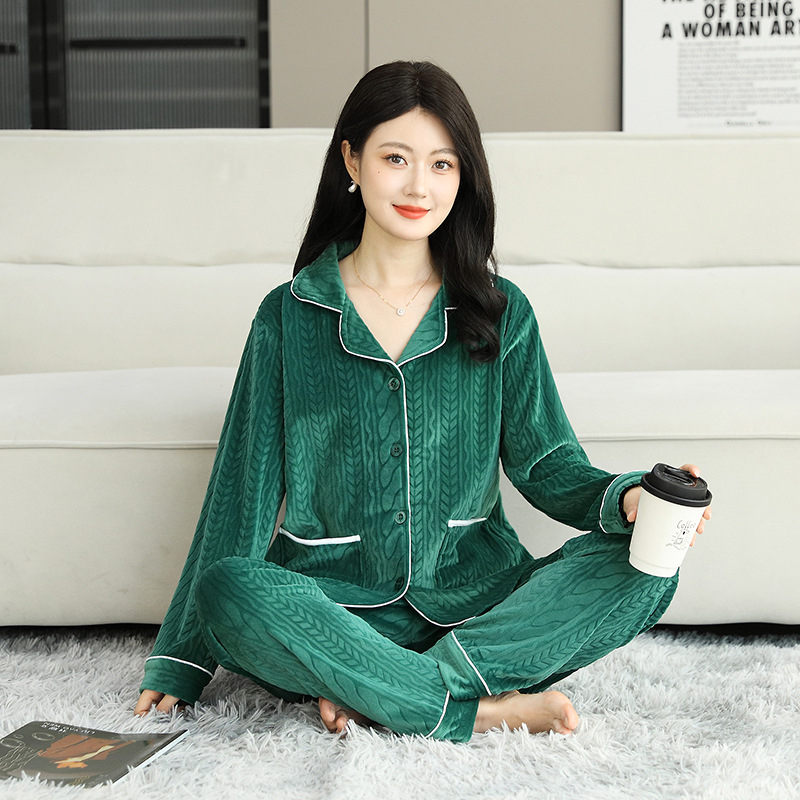 Island Velvet pizsama készlet, vastagított téli-őszi szezonhoz, hosszú ujjú, rever gallérral, pároknak, kényelmes otthoni és szabadtéri viselet