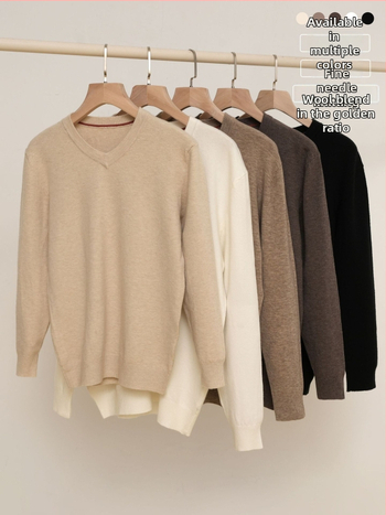 Плетен пуловер с V-образно деколте, свободен силует, вълнена смес, Зима 2025.