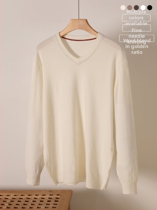 Плетен пуловер с V-образно деколте, свободен силует, вълнена смес, Зима 2025.