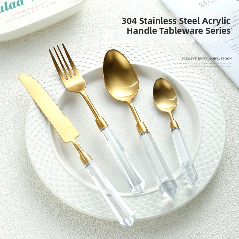 Deimantinės serijos 304 nerūdijančio plieno vakarietiškų stalo įrankių komplektas: peilis, šakutė, šaukštas, kepsninės peilis, desertinis šaukštas