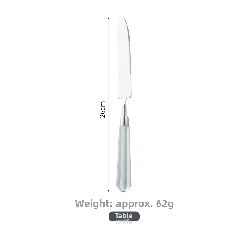 Deimantinės serijos 304 nerūdijančio plieno vakarietiškų stalo įrankių komplektas: peilis, šakutė, šaukštas, kepsninės peilis, desertinis šaukštas