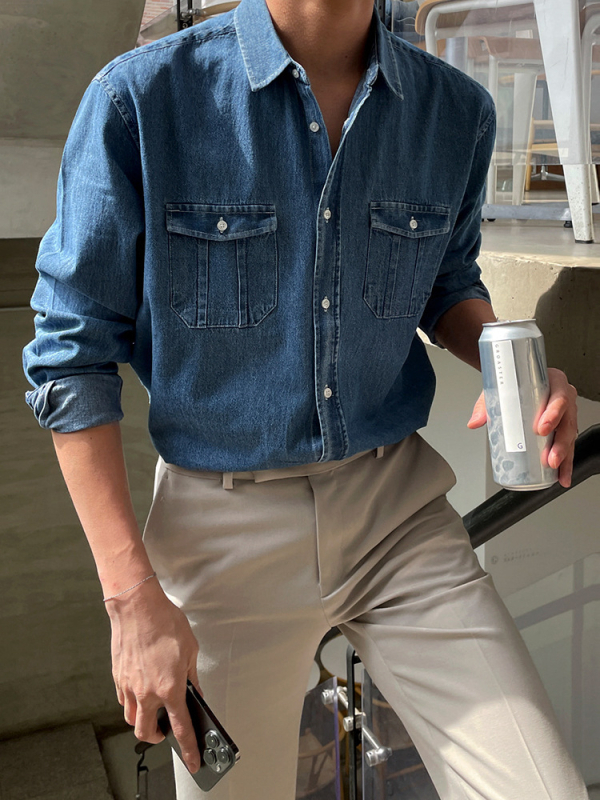 Meeste särk - laia lõikega, lapel-kaelusega, pikad varrukad, polüesterkangas, originaalne disain