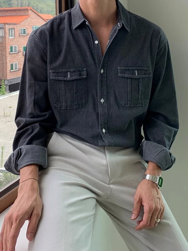 Meeste särk - laia lõikega, lapel-kaelusega, pikad varrukad, polüesterkangas, originaalne disain