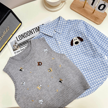 Двусекционен детски комплект: риза и жилетка, корейски стил, 90% памук, каре и карикатурен мотив, пуловер