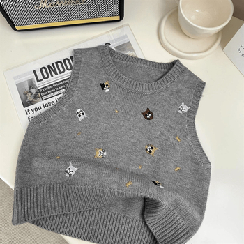 Двусекционен детски комплект: риза и жилетка, корейски стил, 90% памук, каре и карикатурен мотив, пуловер