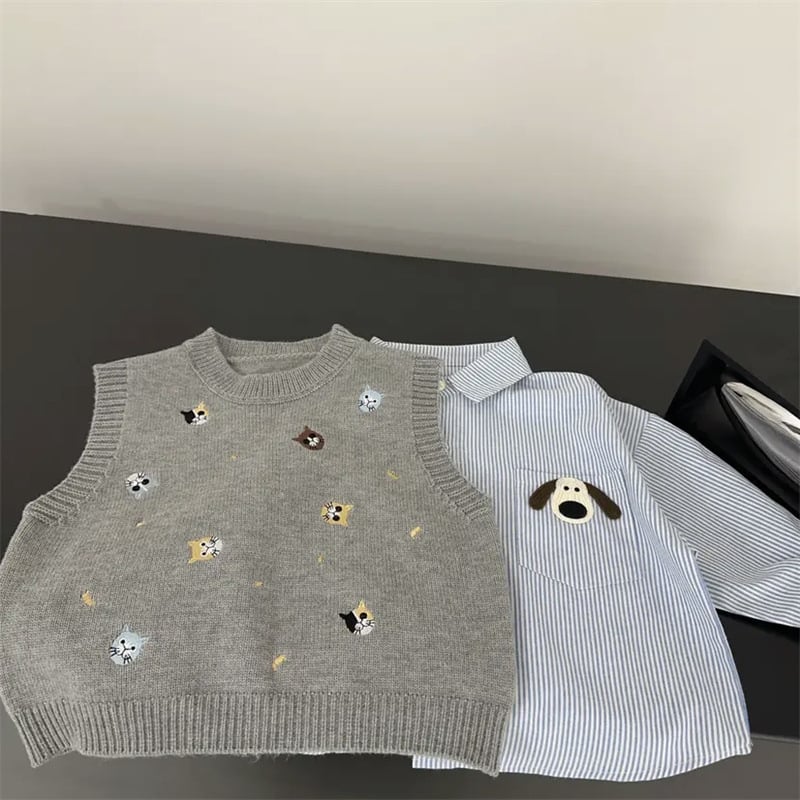 Двусекционен детски комплект: риза и жилетка, корейски стил, 90% памук, каре и карикатурен мотив, пуловер
