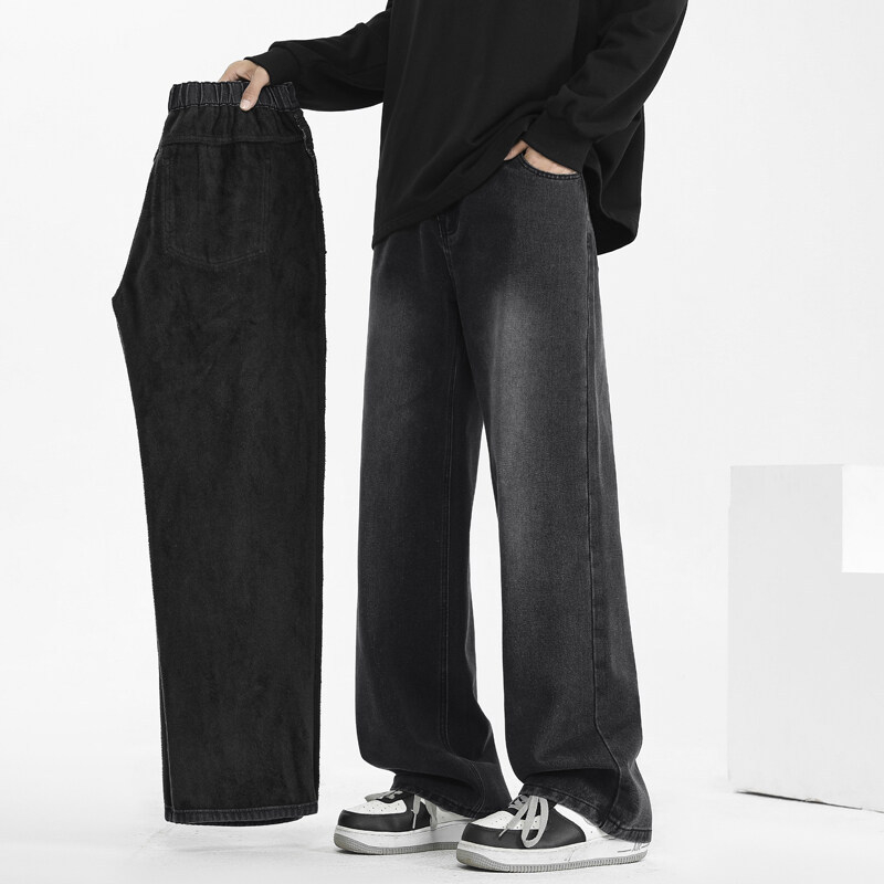 Мъжки дънки с поларена подплата за зима, права кройка, средна талия, цип за закопчаване, памучно‑смес