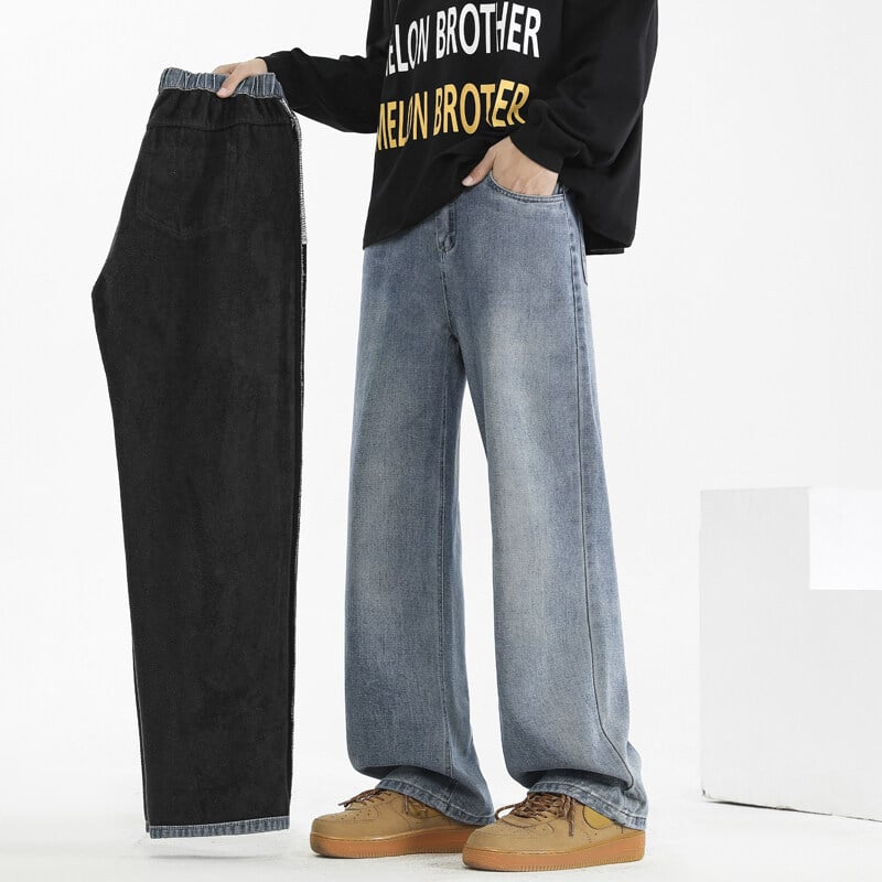 Мъжки дънки с поларена подплата за зима, права кройка, средна талия, цип за закопчаване, памучно‑смес