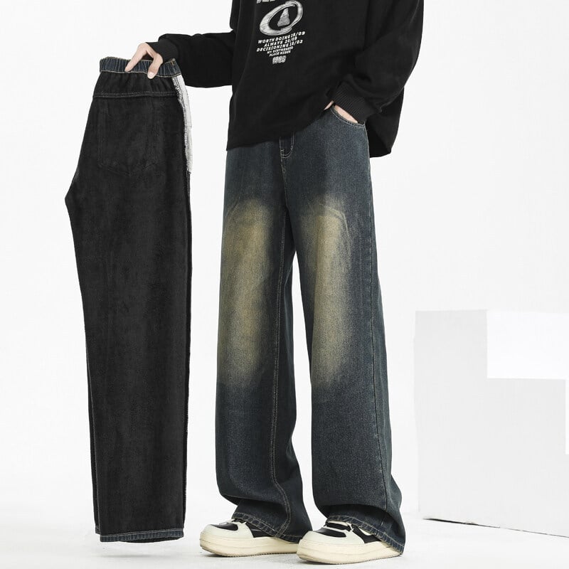 Мъжки дънки с поларена подплата за зима, права кройка, средна талия, цип за закопчаване, памучно‑смес