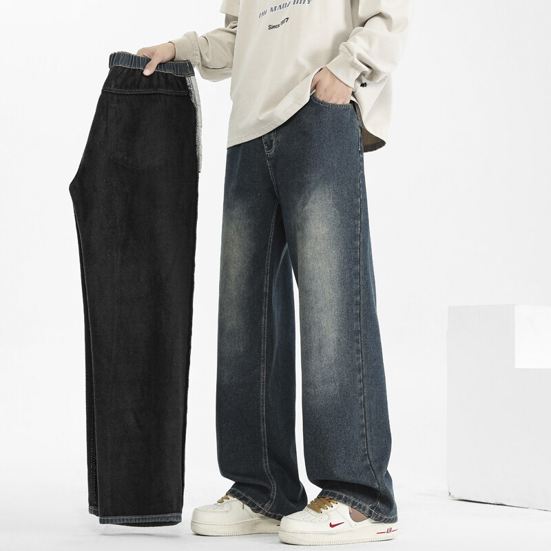 Мъжки дънки с поларена подплата за зима, права кройка, средна талия, цип за закопчаване, памучно‑смес