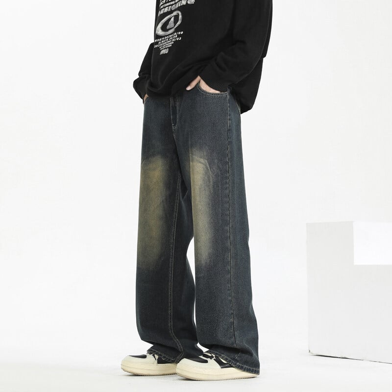 Мъжки дънки с поларена подплата за зима, права кройка, средна талия, цип за закопчаване, памучно‑смес