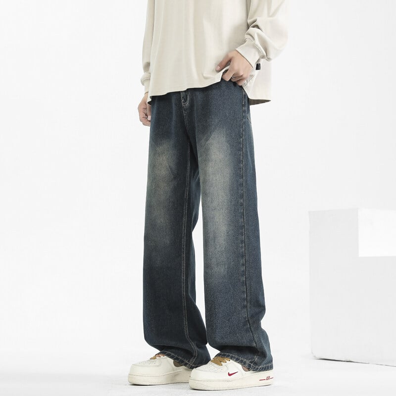 Мъжки дънки с поларена подплата за зима, права кройка, средна талия, цип за закопчаване, памучно‑смес