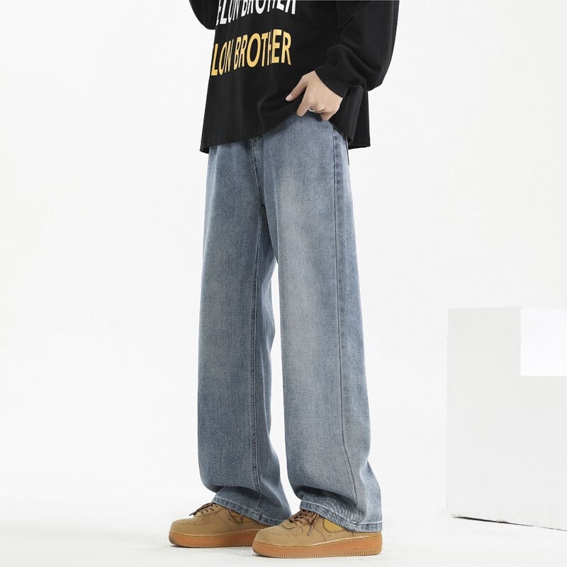 Мъжки дънки с поларена подплата за зима, права кройка, средна талия, цип за закопчаване, памучно‑смес