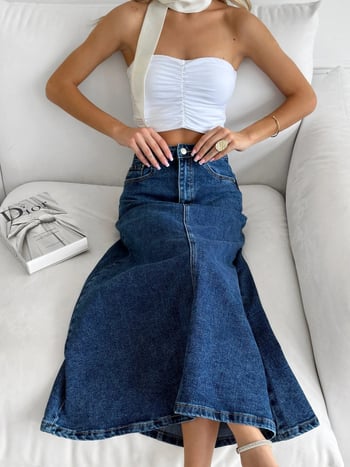 Denim midi suknja s visokim strukom, mikroelastična, jesen 2025