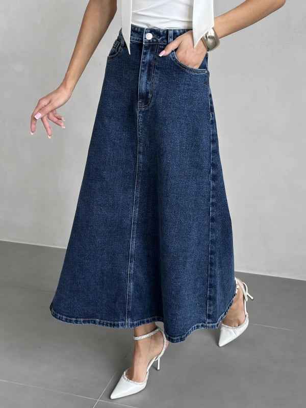 Denim midi suknja s visokim strukom, mikroelastična, jesen 2025