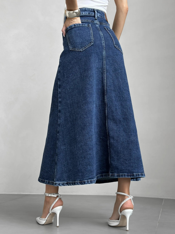 Denim midi suknja s visokim strukom, mikroelastična, jesen 2025