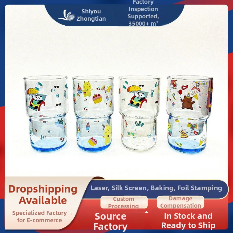 Terminuoto stiklo vandens puodelis su karikatūriniu raštu, apvalus be rankenos, atsparus karščiui, tinkamas arbatai ir kavai, galima pritaikyti