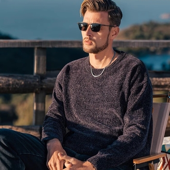 Мъжки зимен плетен пуловер с кръгла яка, дълги ръкави, свободна кройка, минималистичен стил