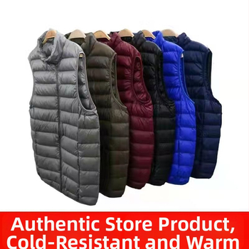 Vyrinė lengva pūnuota liemenė su White Duck Down užpildymu, kašmyro turinys 66–70%, trumpas ilgis (40–50 cm), be apykaklės, tinkama pavasariui ir rudeniui.