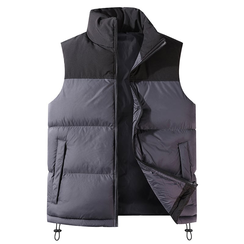 Корейски стил дебела жилетка с пухово-памучен пълнеж, свободна кройка, стояща яка, странични джобове, полиестерен материал