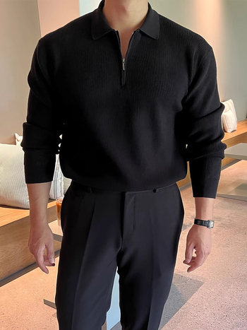 Мъжки пуловер с лацкан, дълъг ръкав, свободен силует, синтетична смес с еластан, машино пране