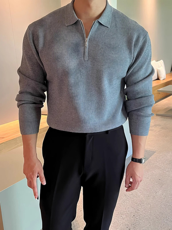 Мъжки пуловер с лацкан, дълъг ръкав, свободен силует, синтетична смес с еластан, машино пране